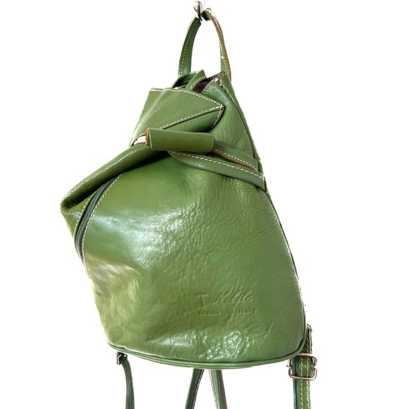 T Nobile Leather Backpack Shoulder Bag Green Split Strap Folded Front Toggle - Picture 5 of 9